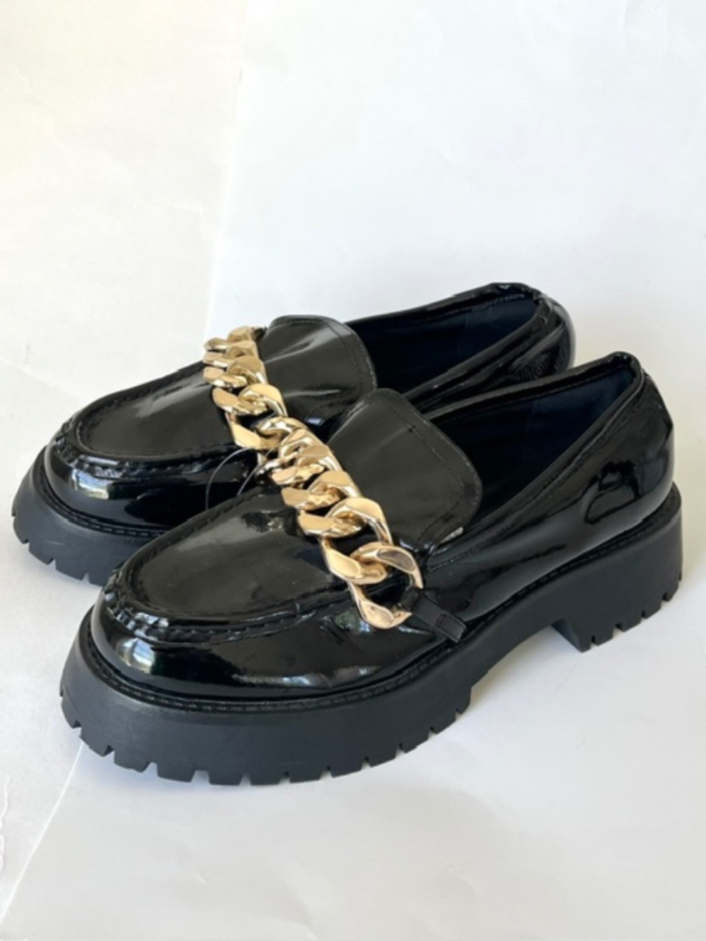 ASOS DESIGN Mai chunky chain loafers in black patent